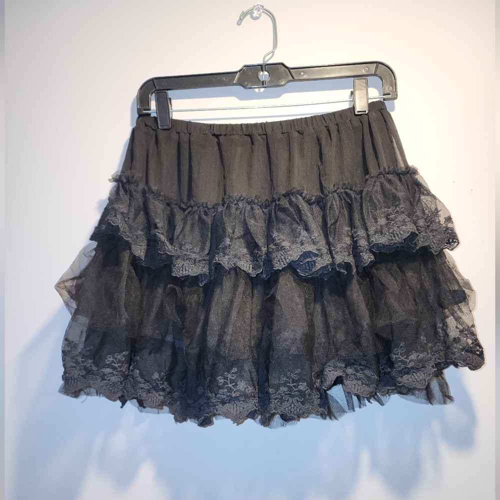 Pink Cattlelac Black Ruffled Lace Mini Skirt - Women L NWT